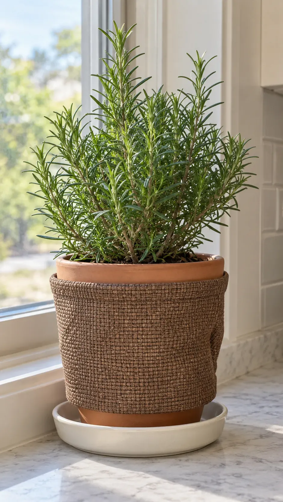 A small rosemary pot with a removable brown woven fabric sleeve and an exposed saucer