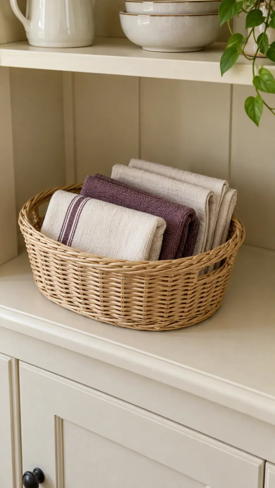 A low oval wicker basket holding neatly folded plum and cream kitchen linens on a dry shelf