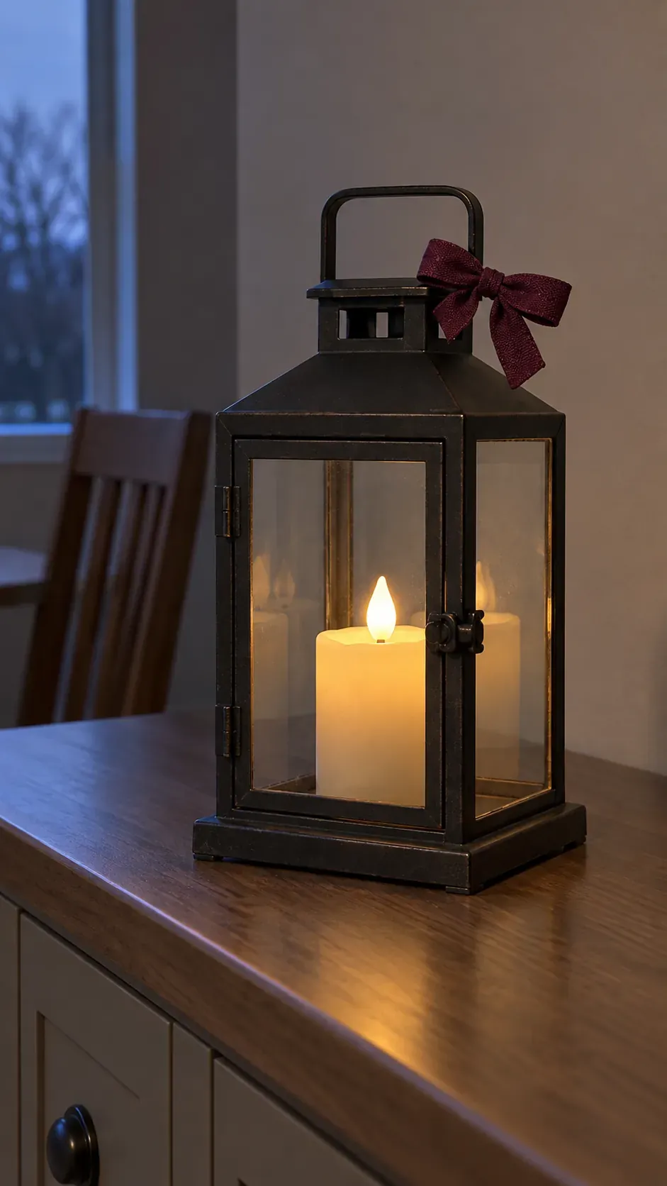 A small clear glass lantern with a battery candle and a modest plum fabric bow on a dining side counter