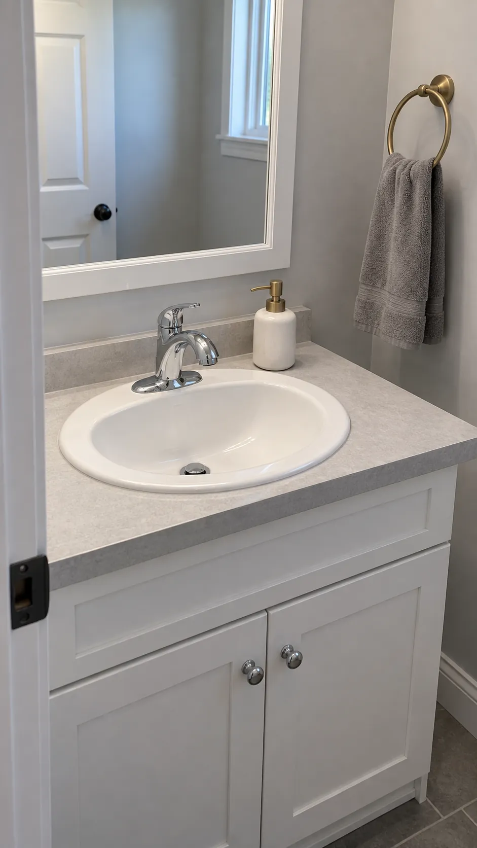 Keep a working chrome faucet as the plumbing anchor in a small bathroom