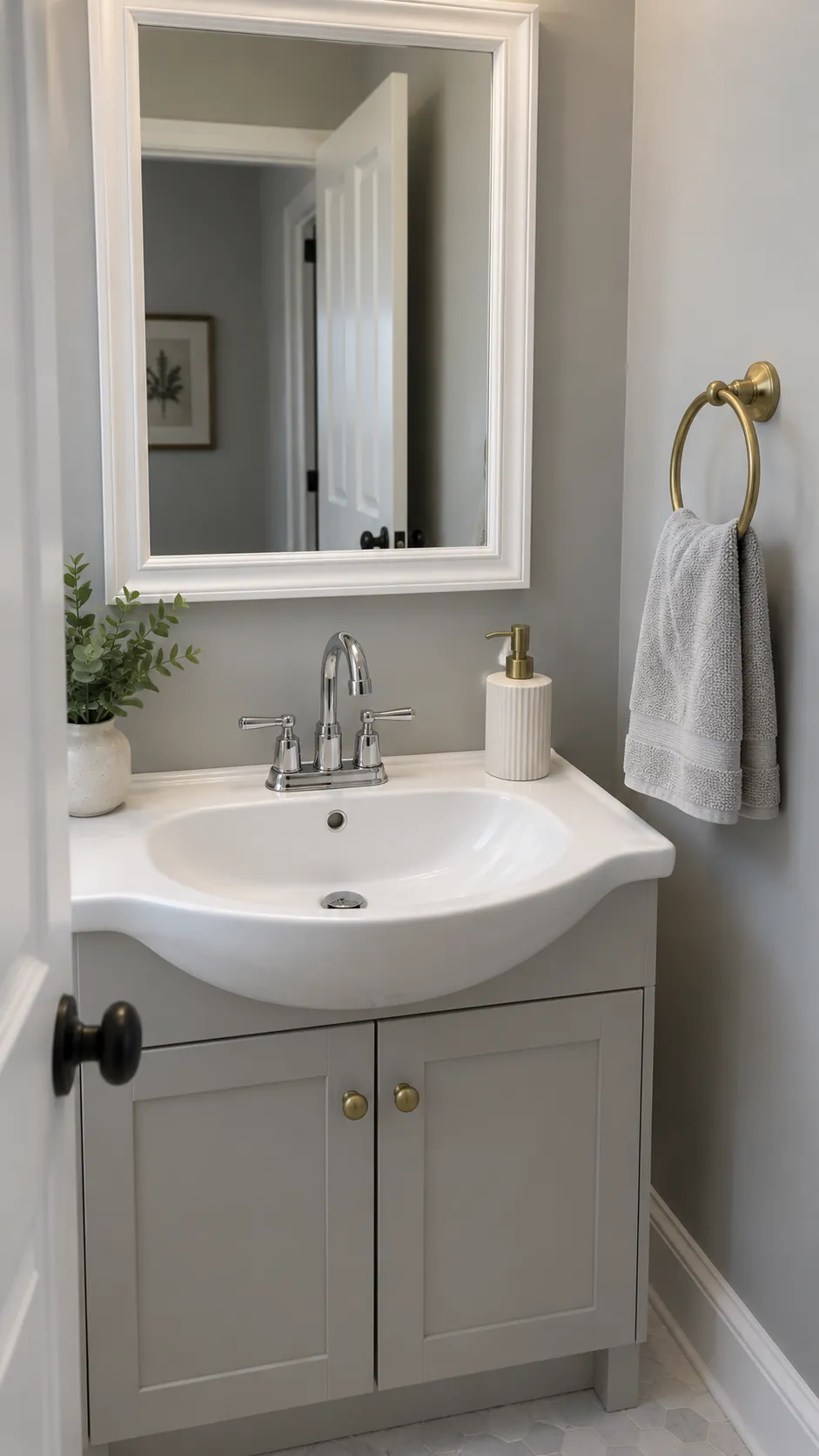Brass accessories beside a retained chrome bathroom faucet