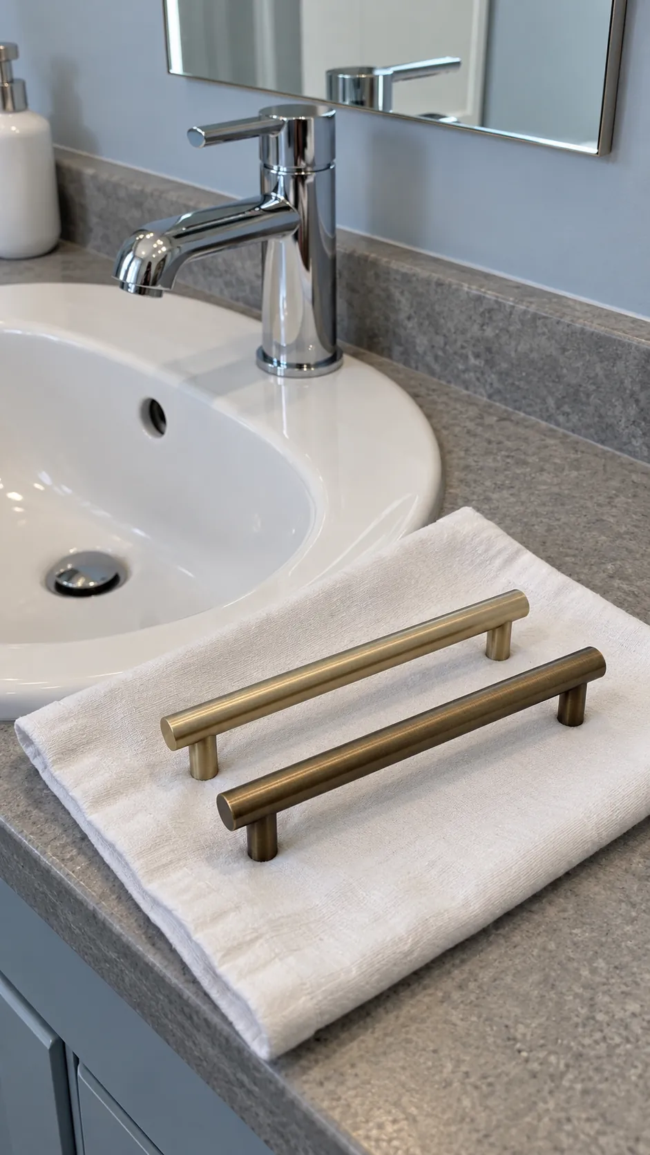 Compare actual brass tones beside chrome in the room in a small bathroom