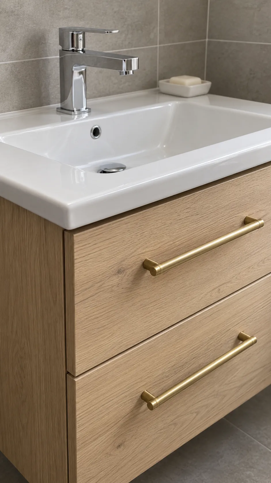 Connect different finishes through simple compatible geometry in a small bathroom