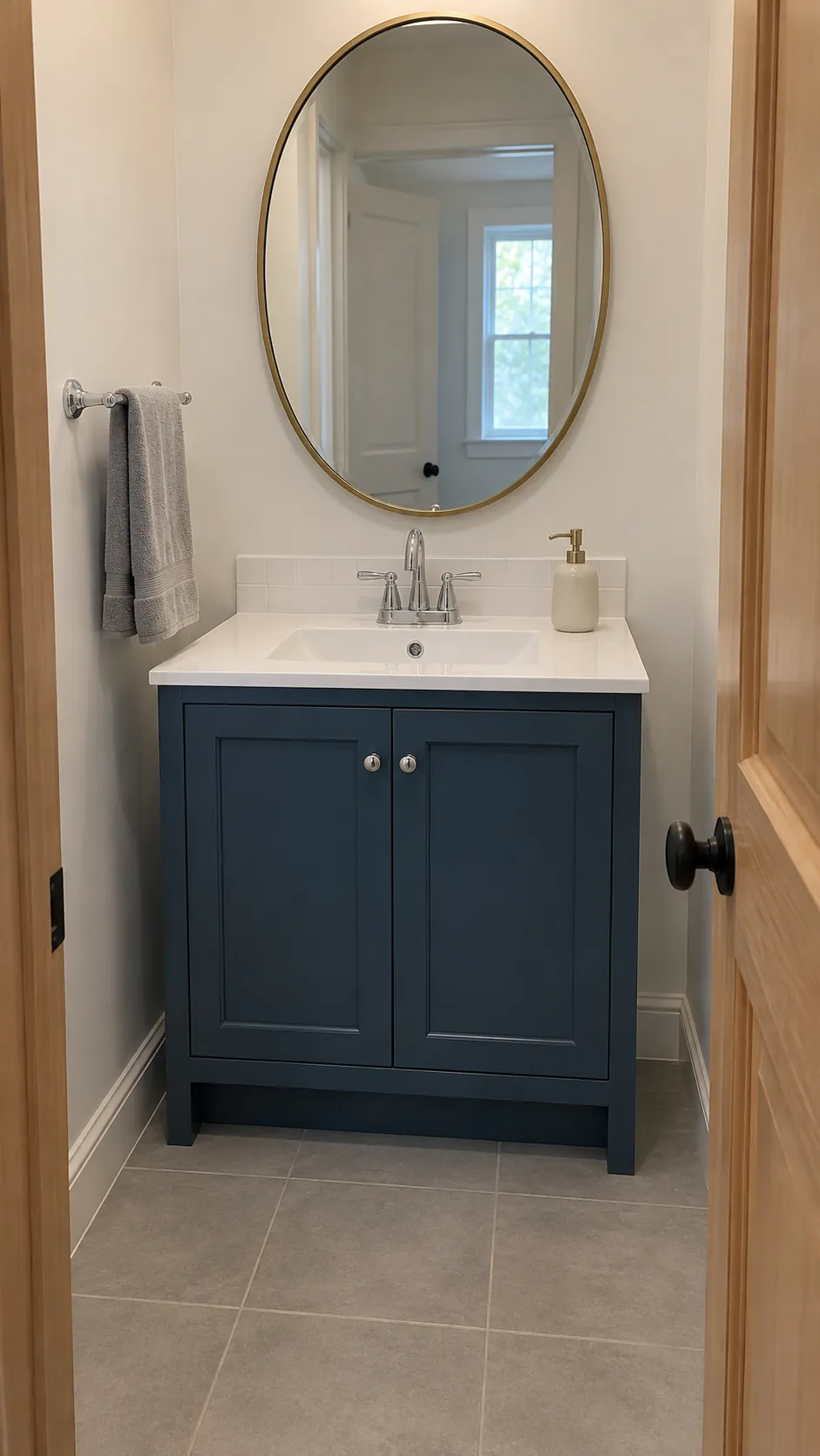 Use a quiet surrounding palette to support the two metals in a small bathroom