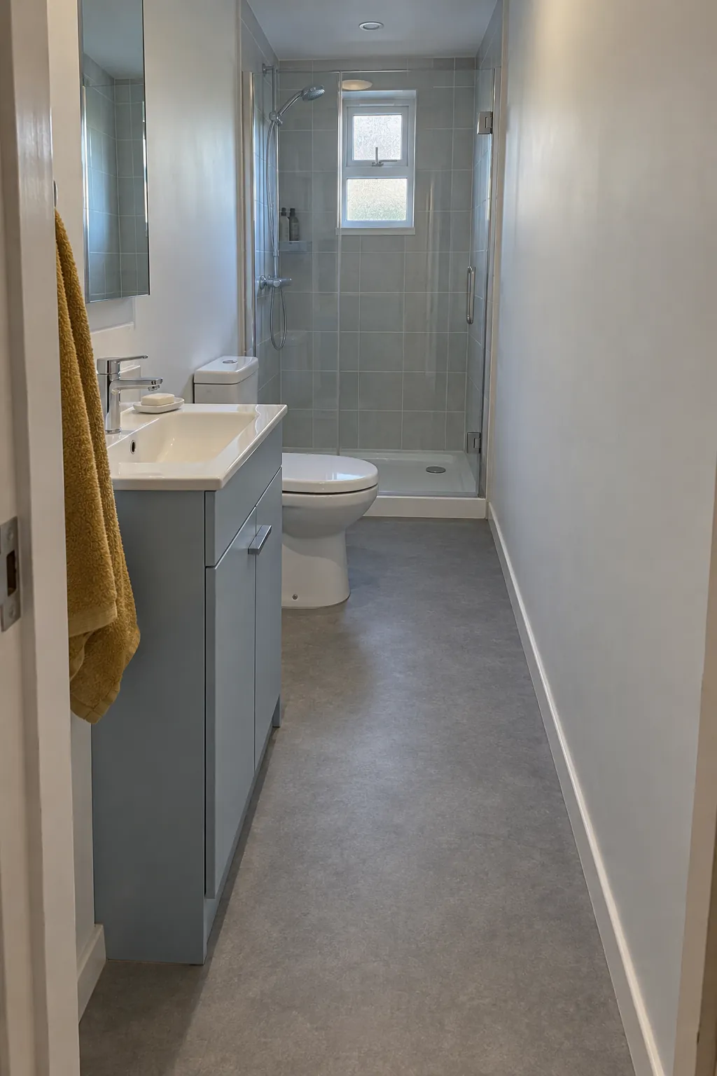 Single fixture line in a long narrow bathroom