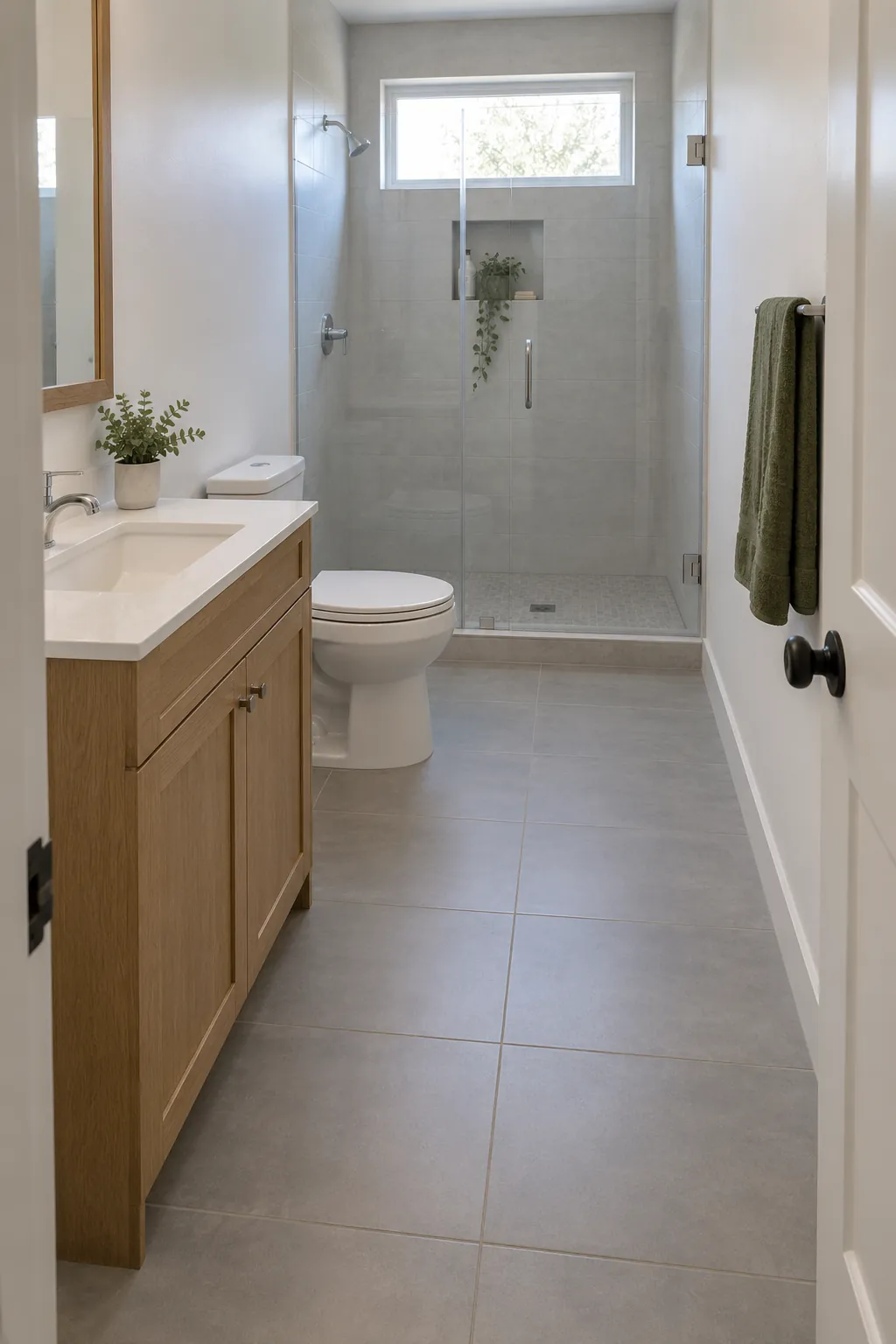 Long narrow bathroom with vanity and toilet along one side