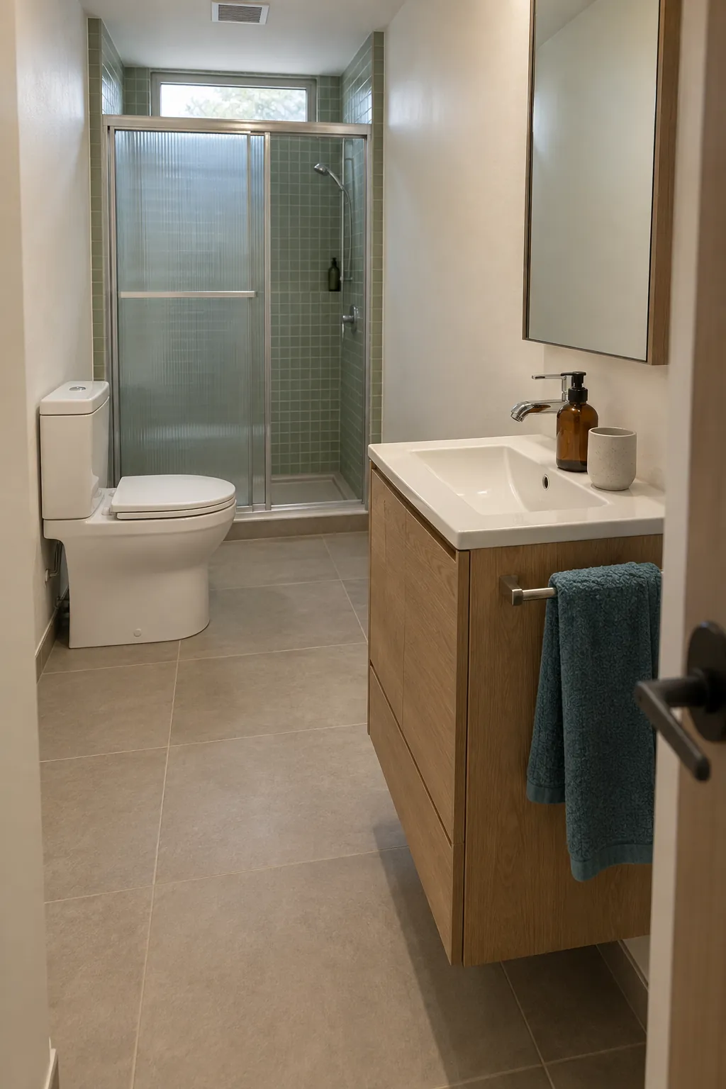 Staggered opposing fixtures in a long narrow bathroom