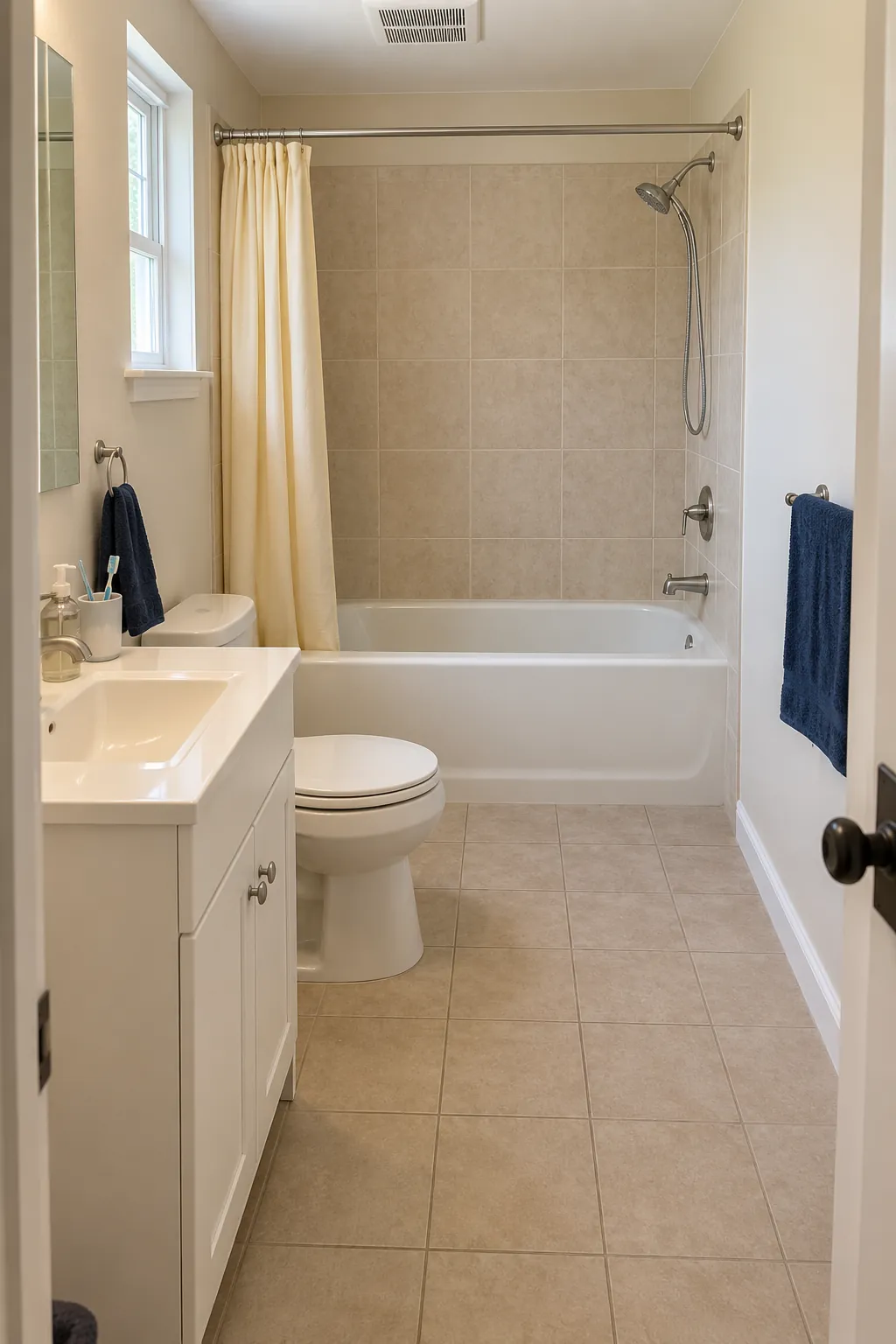 Crosswise rear tub in a long narrow bathroom