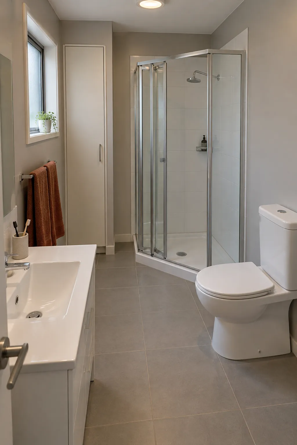 Rear corner shower and shallow linen storage in a long narrow bathroom