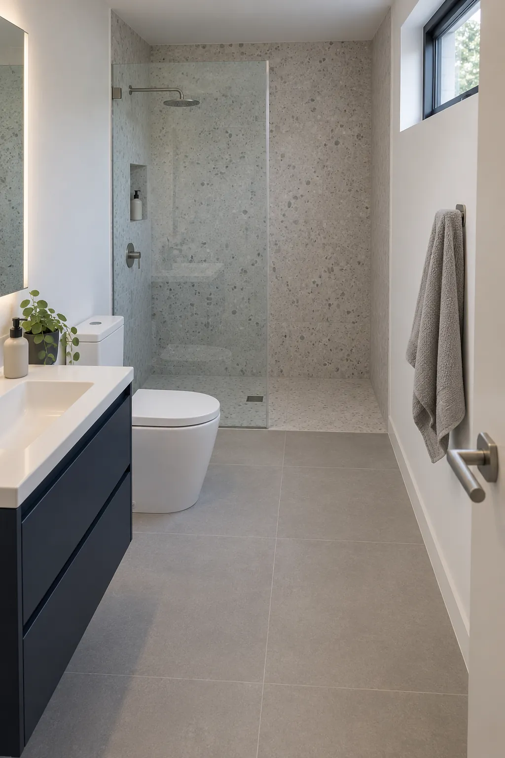 Full width shower with an offset opening in a long narrow bathroom