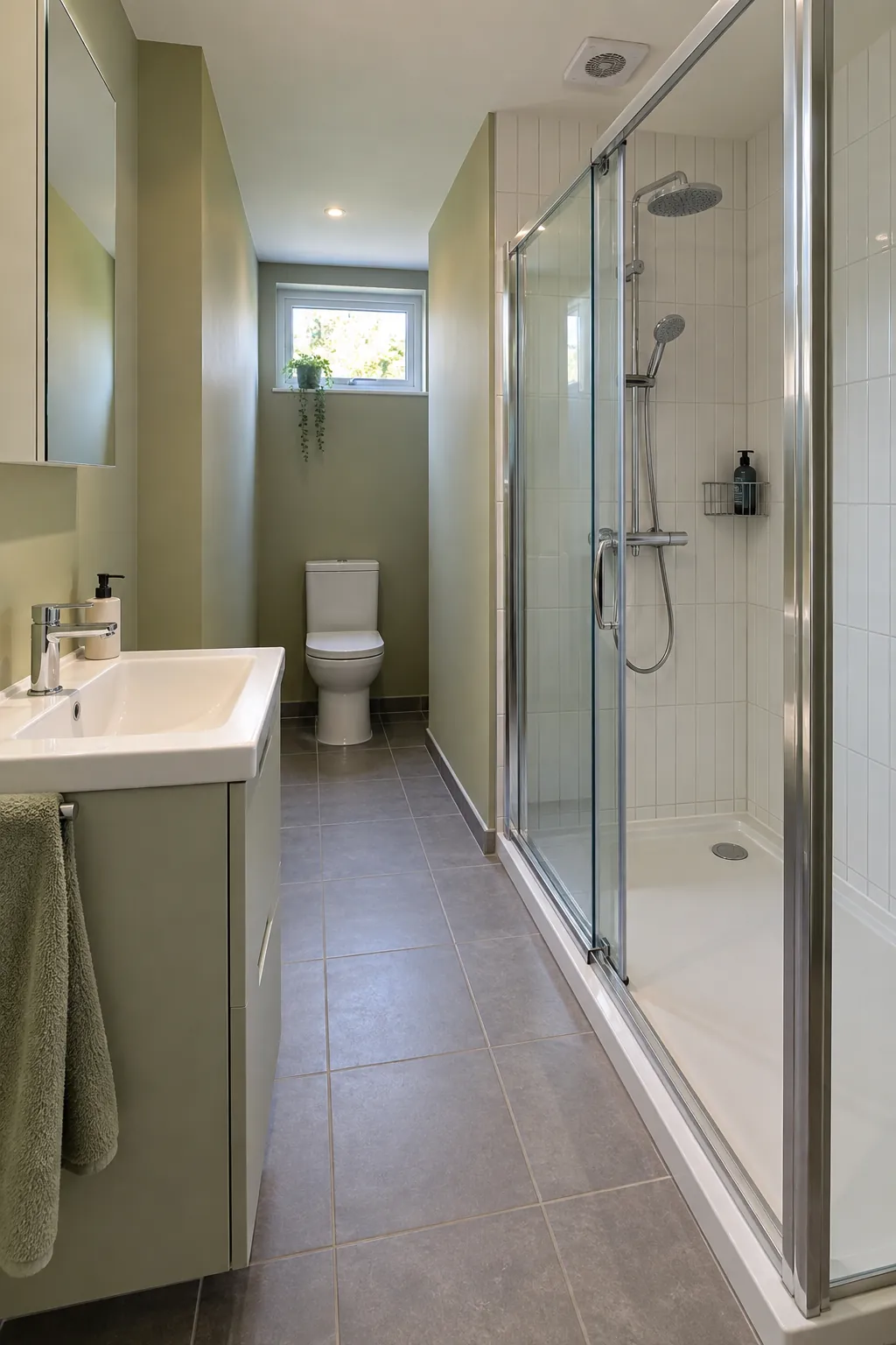 Side shower with a rear toilet area in a long narrow bathroom