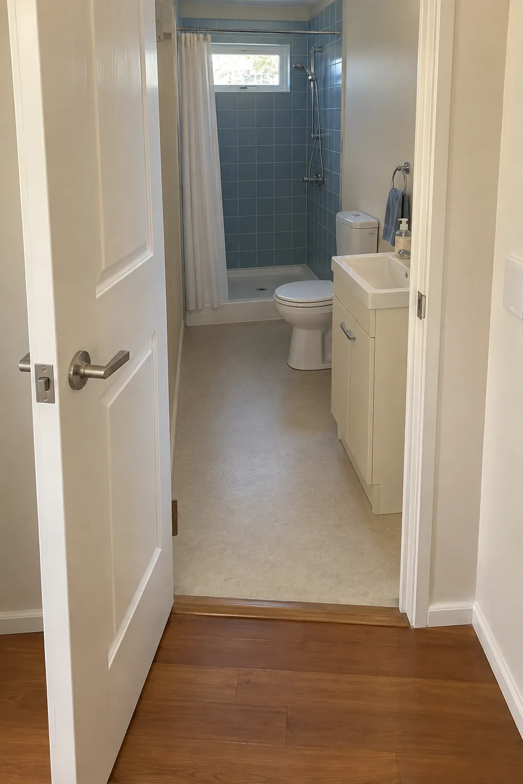 Outward opening entry door in a long narrow bathroom