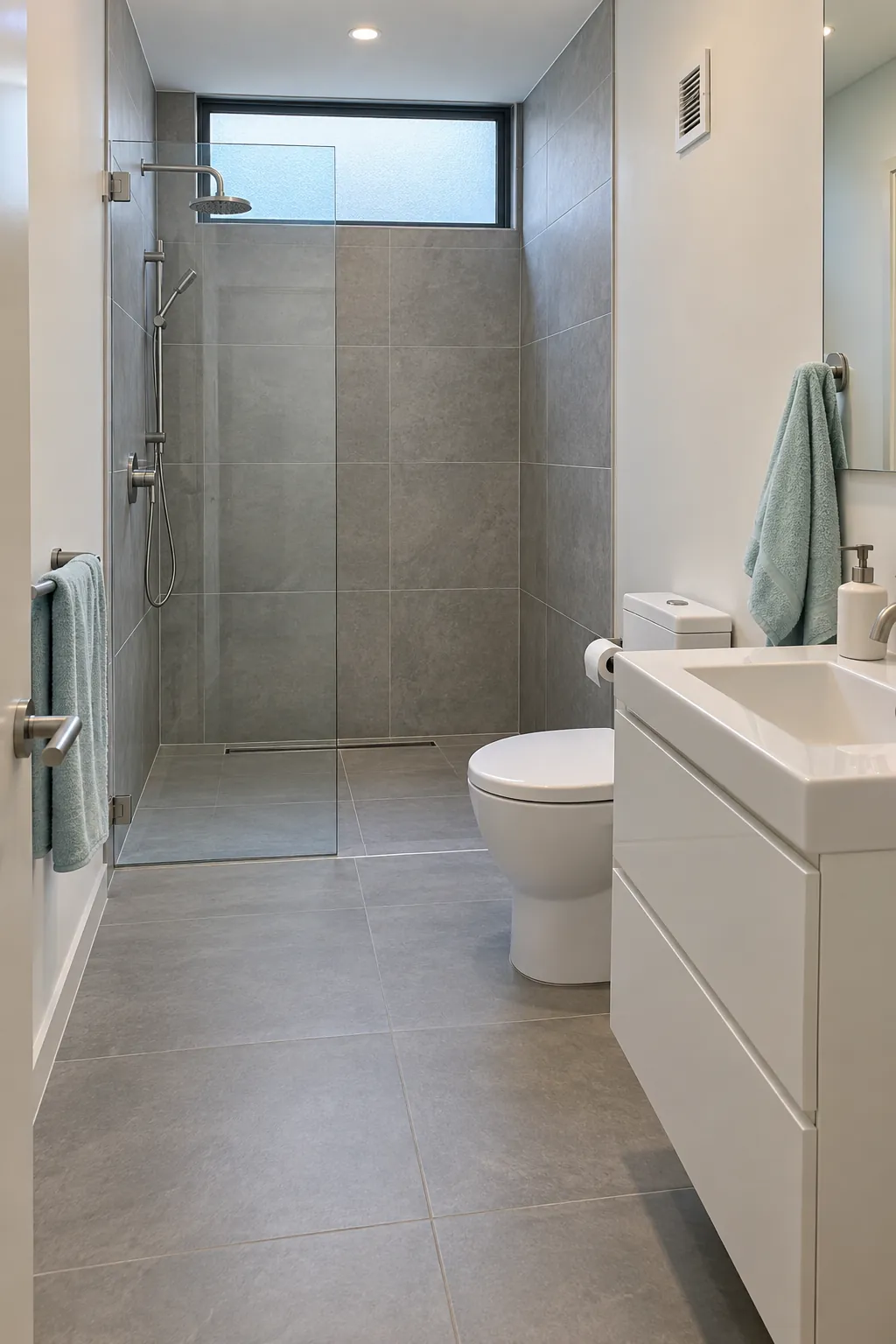 Rear wet zone with a dry basin in a long narrow bathroom