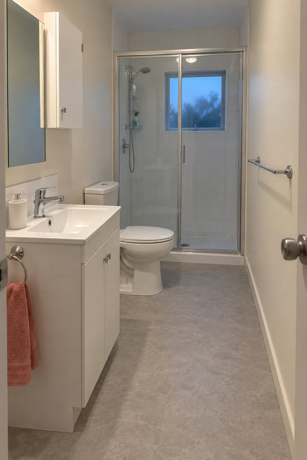 Retained fixtures and shorter cabinet in a long narrow bathroom