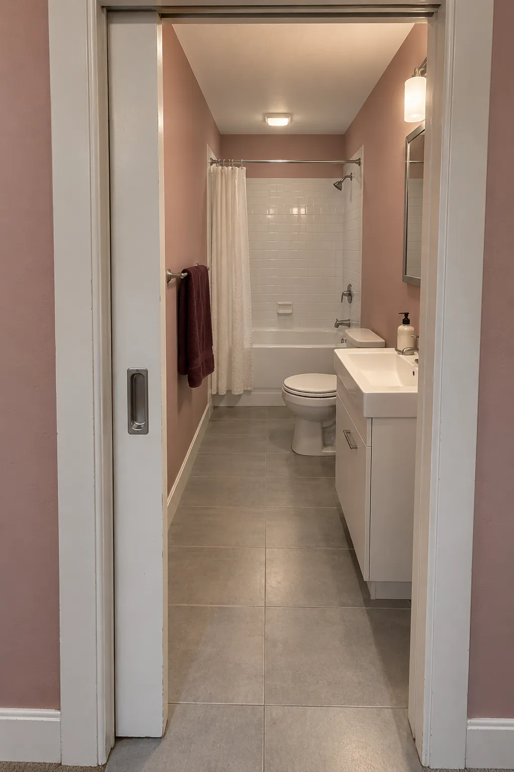 Pocket door entry in a long narrow bathroom