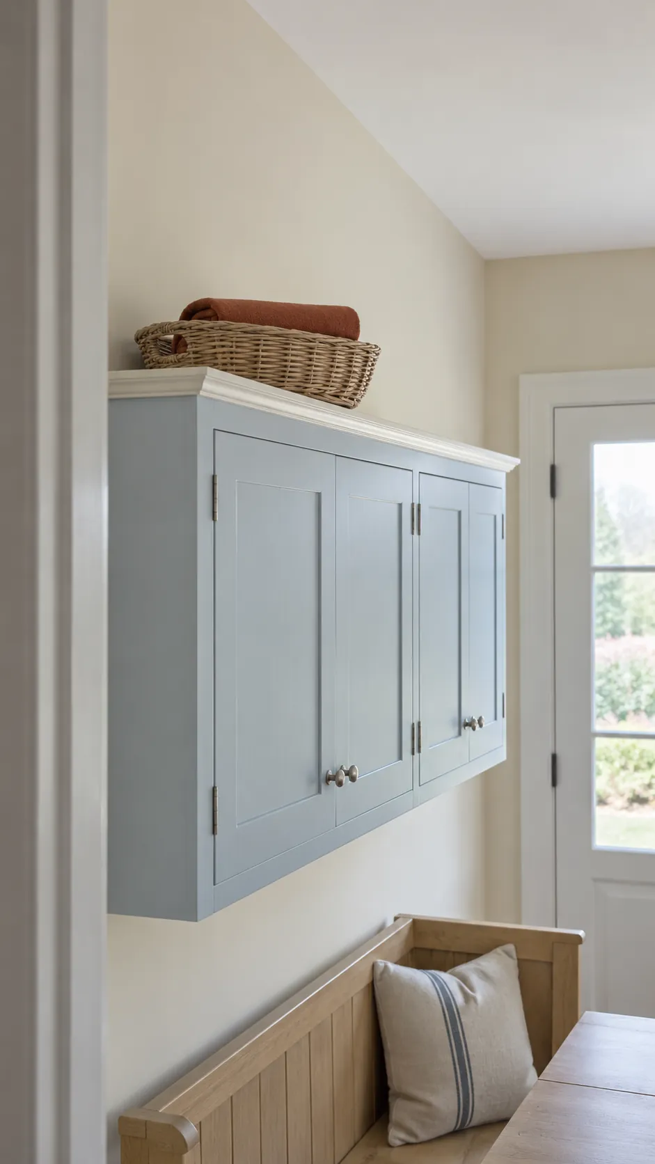 A low woven basket with a contained folded russet cloth above a dry kitchen cabinet