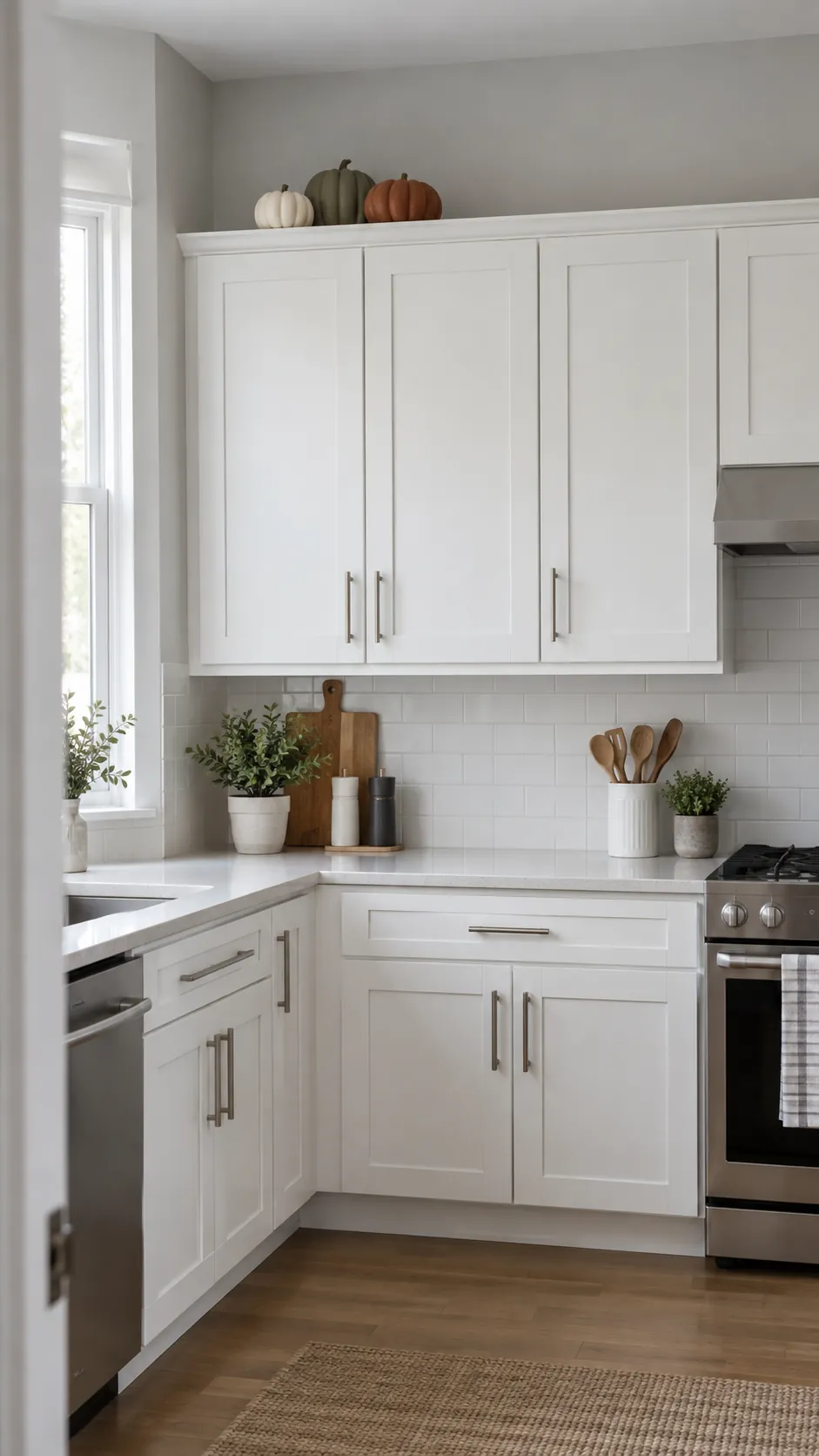 Sparse autumn pumpkin group above one kitchen cabinet bay with open neighboring space