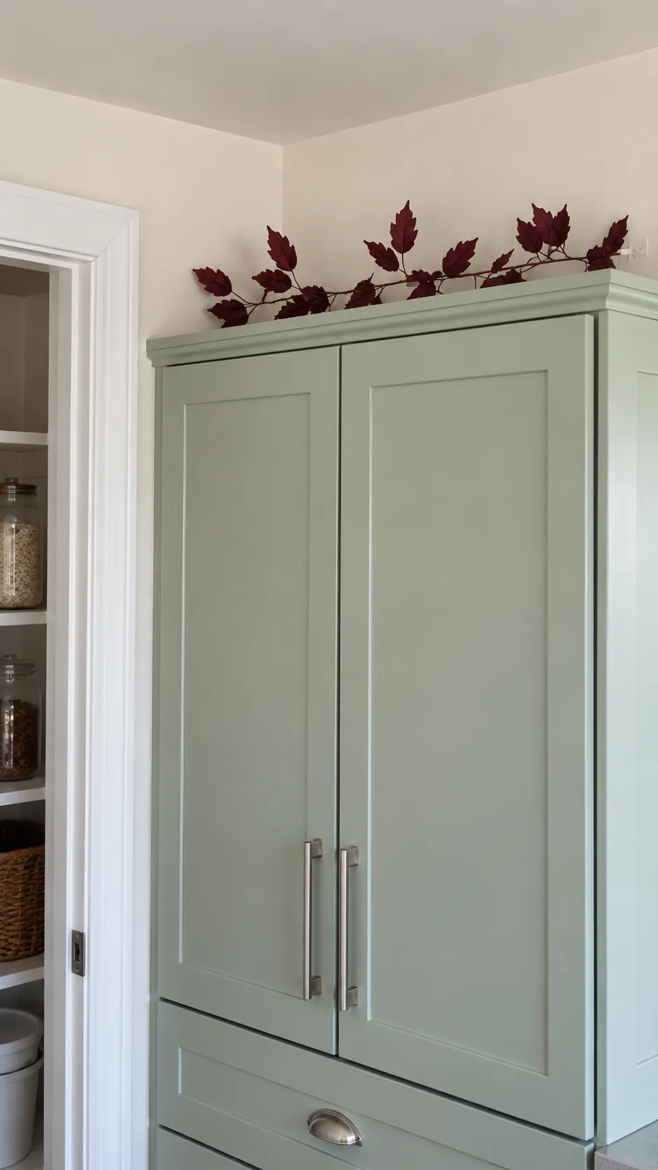 A sparse artificial burgundy leaf garland set back above a dry cabinet bay