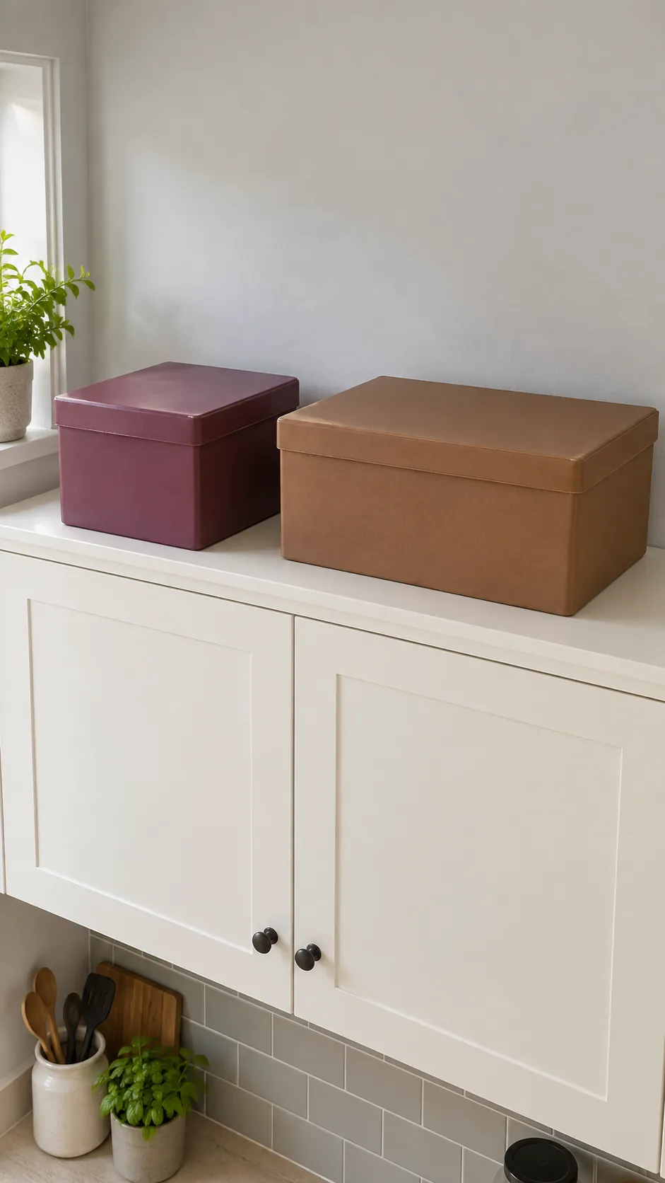 Two plain closed storage boxes in plum and brown above a kitchen cabinet with lifting clearance