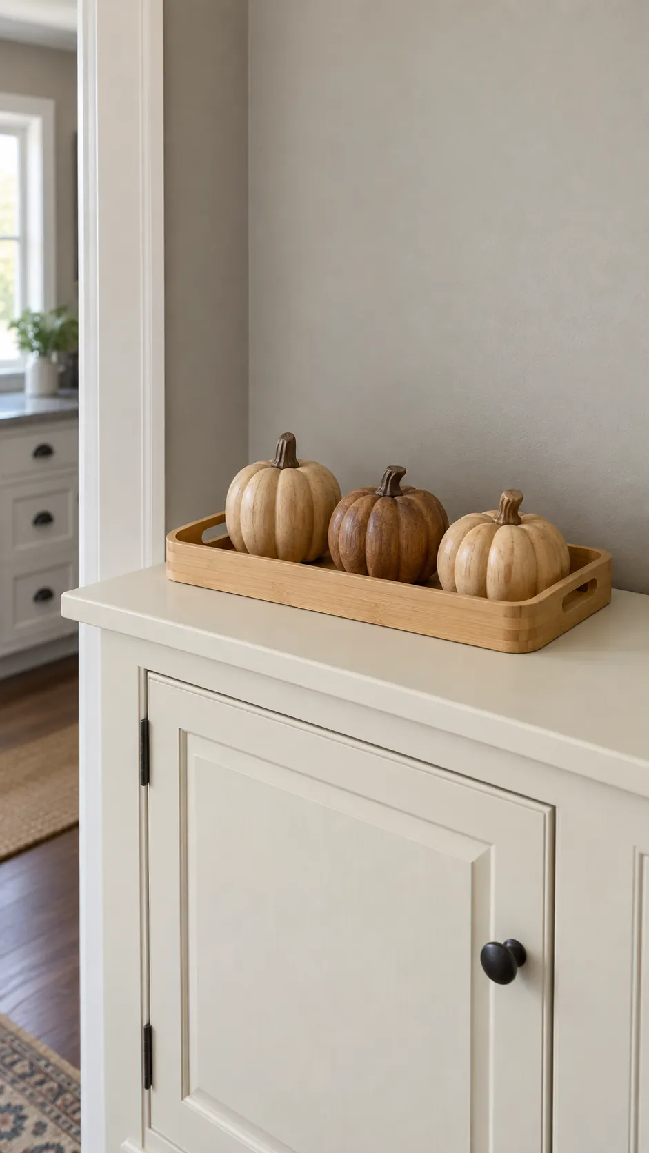 A shallow handled tray containing a few small wood pumpkins above a kitchen cabinet
