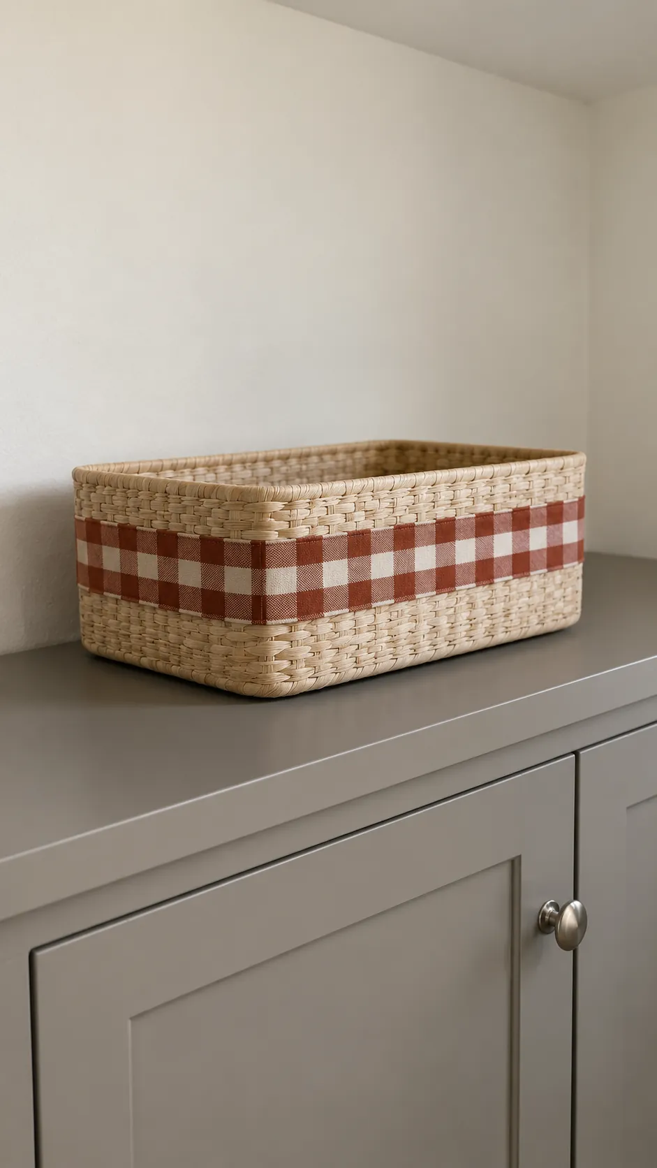 A smooth sided basket with a fitted rust checked fabric band above dining side kitchen cabinets