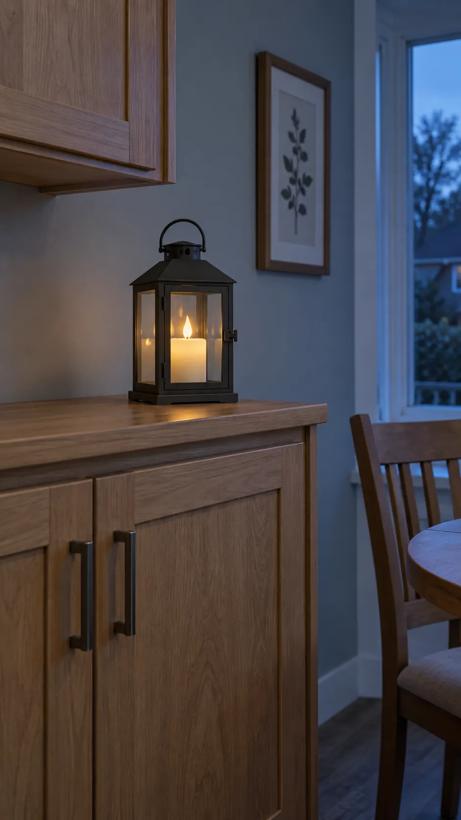 A compact lantern with a battery candle above a reachable side cabinet, with open space around it