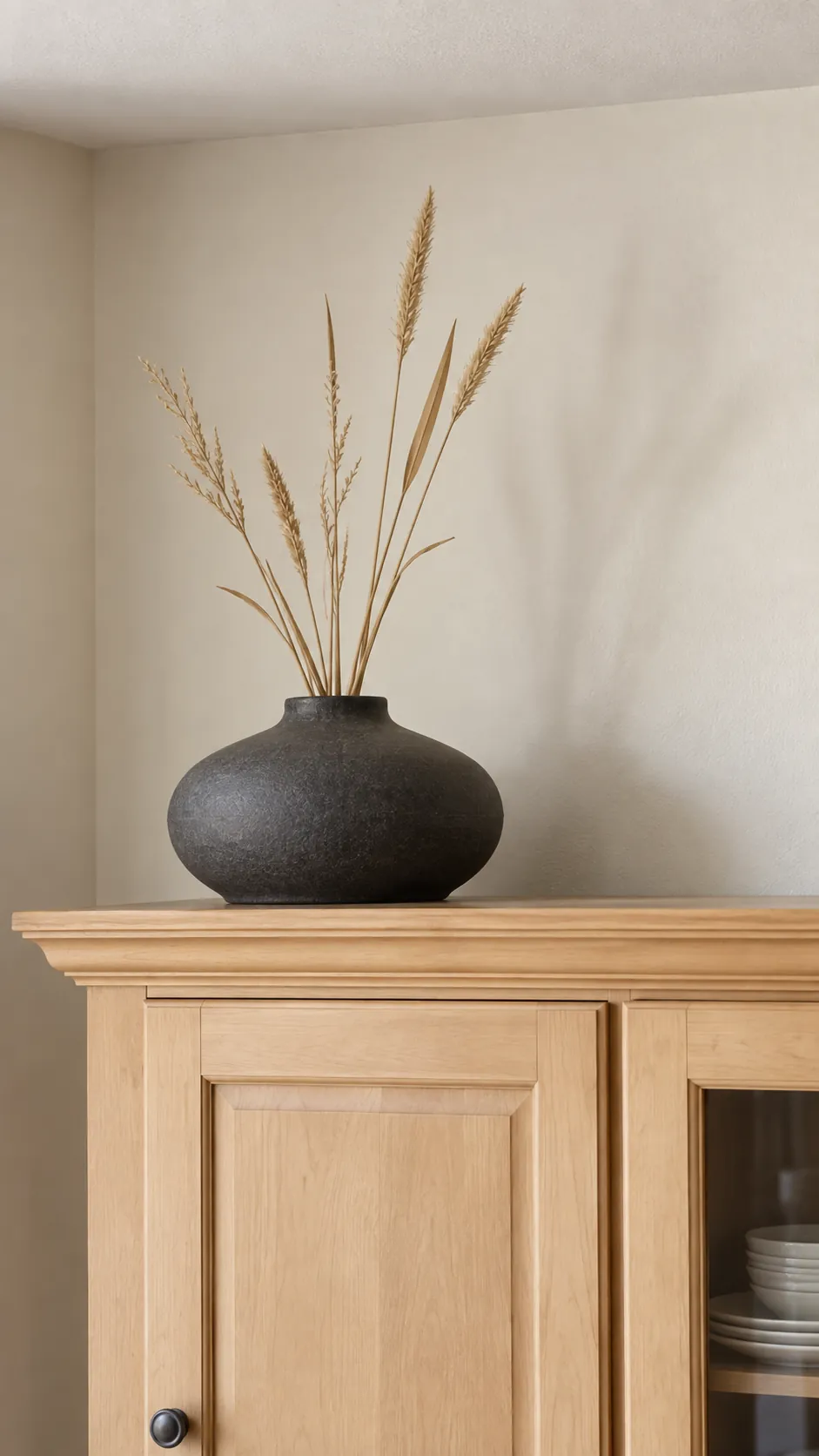 A short sparse dried stem arrangement in a stable broad vase above a dry dining cabinet