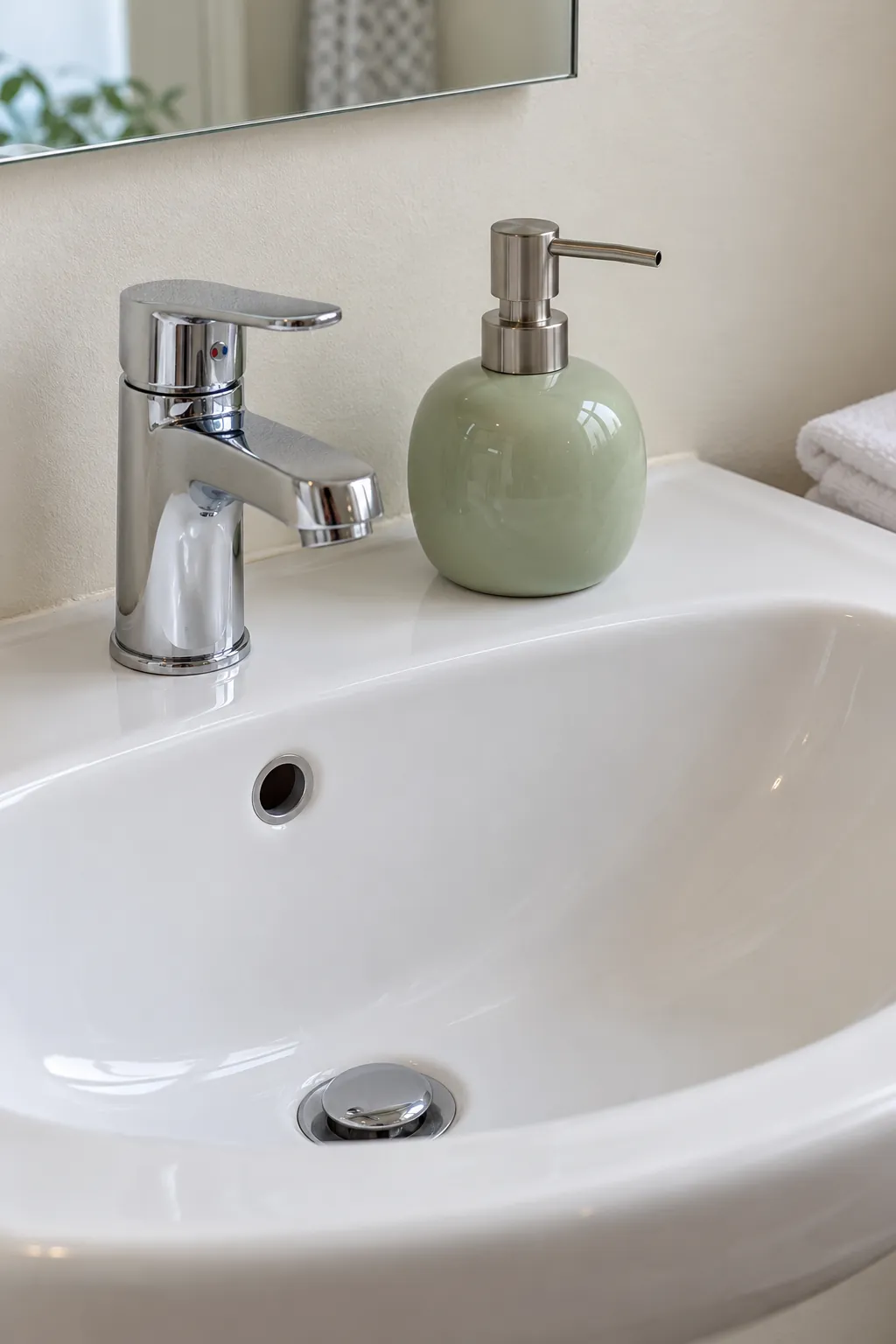 A stable green refillable soap dispenser on a small basin in a rental powder room