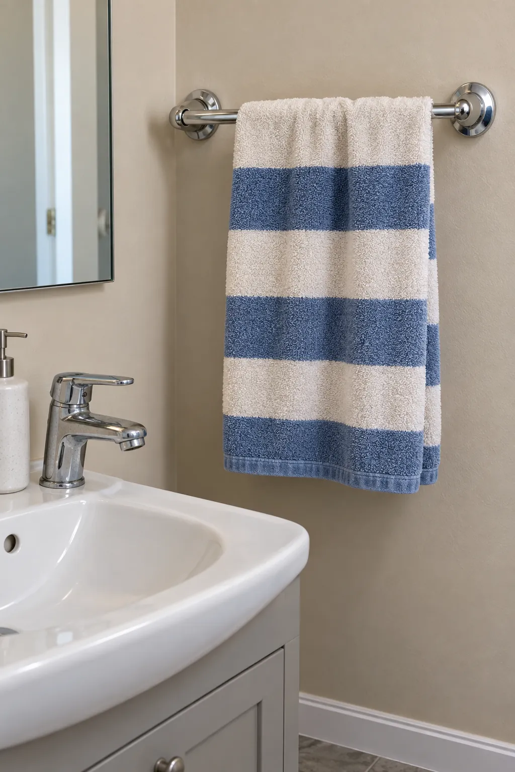 A striped hand towel on an existing chrome rail in a rental powder room
