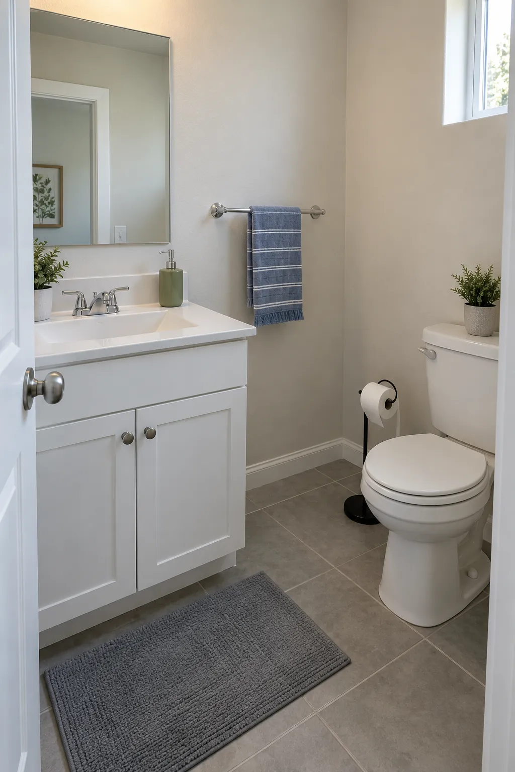 Rental powder room with movable accessories and a striped hand towel