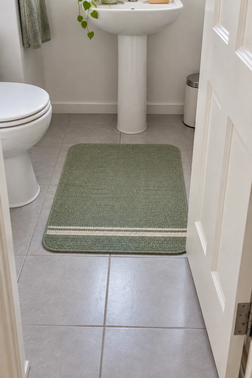 A flat washable mat with clear door swing space in a rental powder room