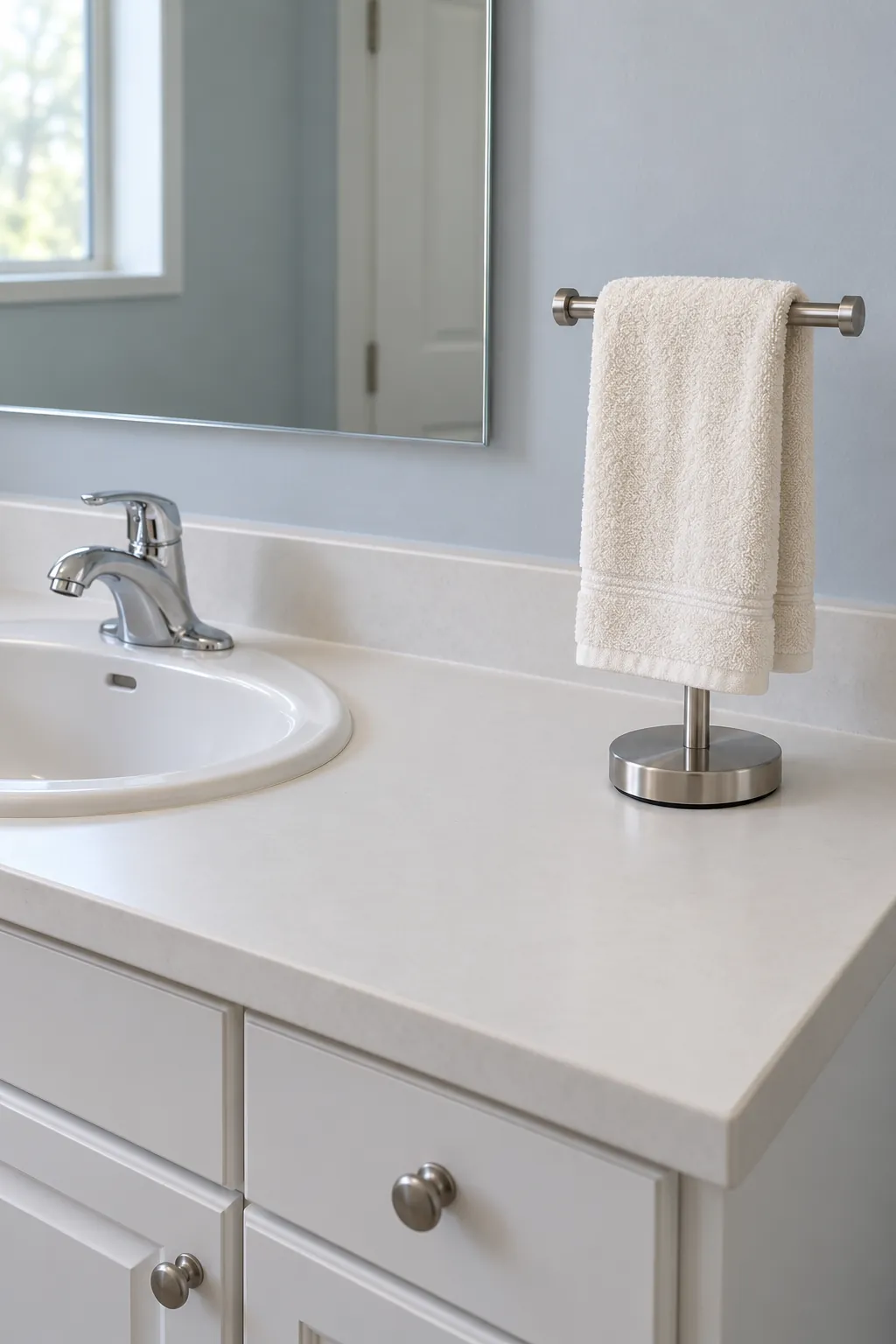 A weighted countertop stand for one small hand towel in a rental powder room