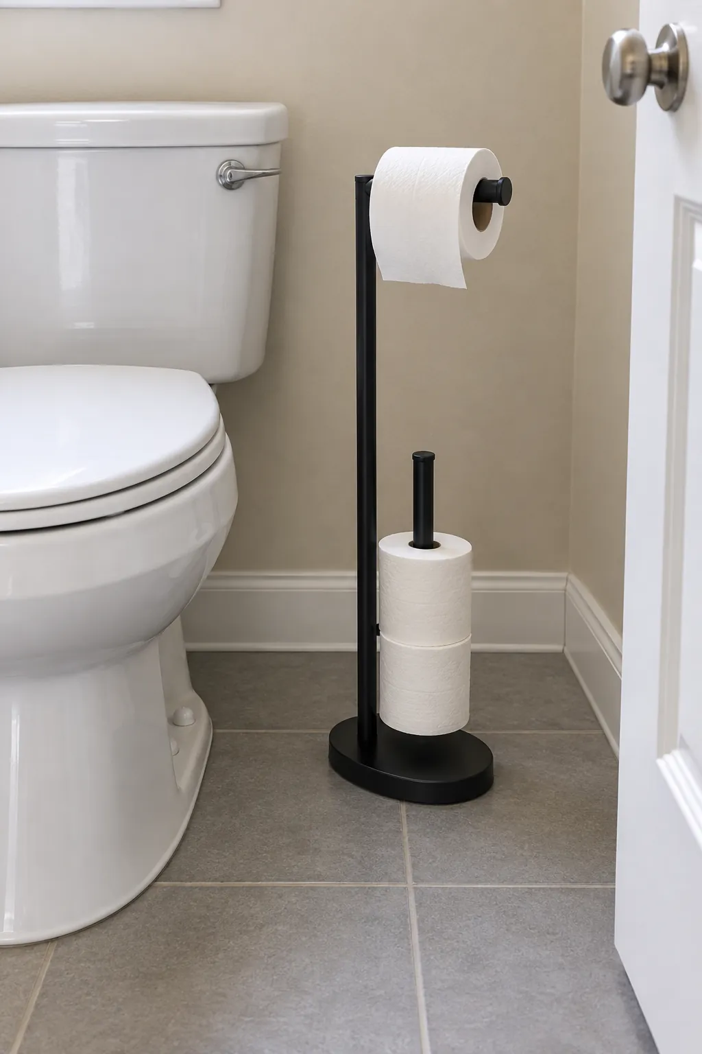 A stable floor standing toilet roll holder in a rental powder room