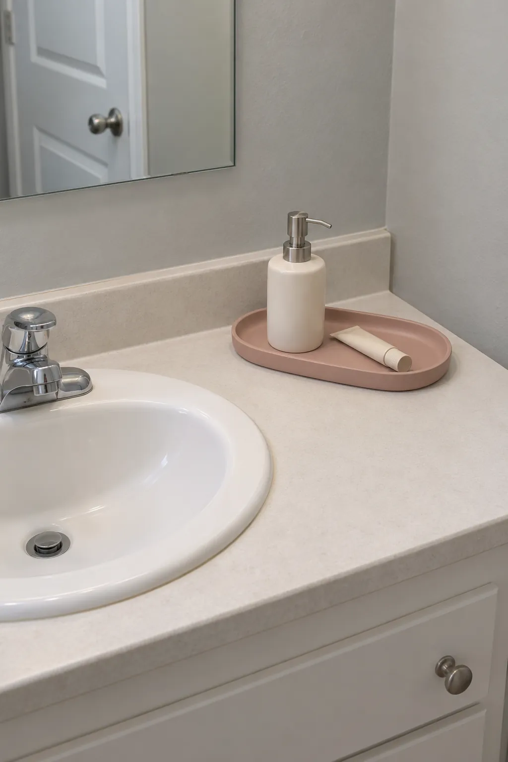 A shallow tray that gathers only daily essentials in a rental powder room