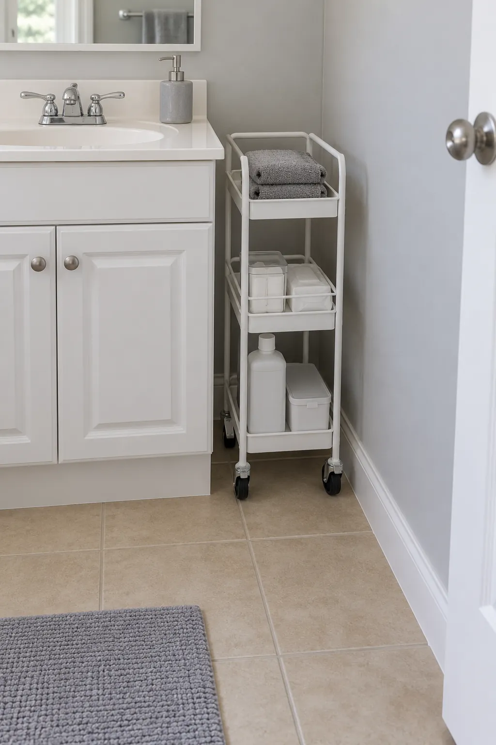 A narrow rolling cart in a genuine spare gap in a rental powder room