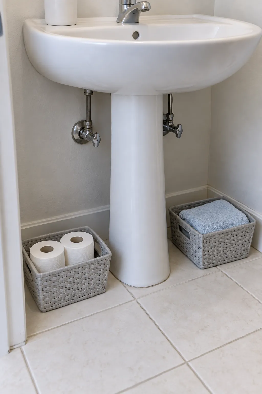 Small removable baskets beside an exposed pedestal in a rental powder room