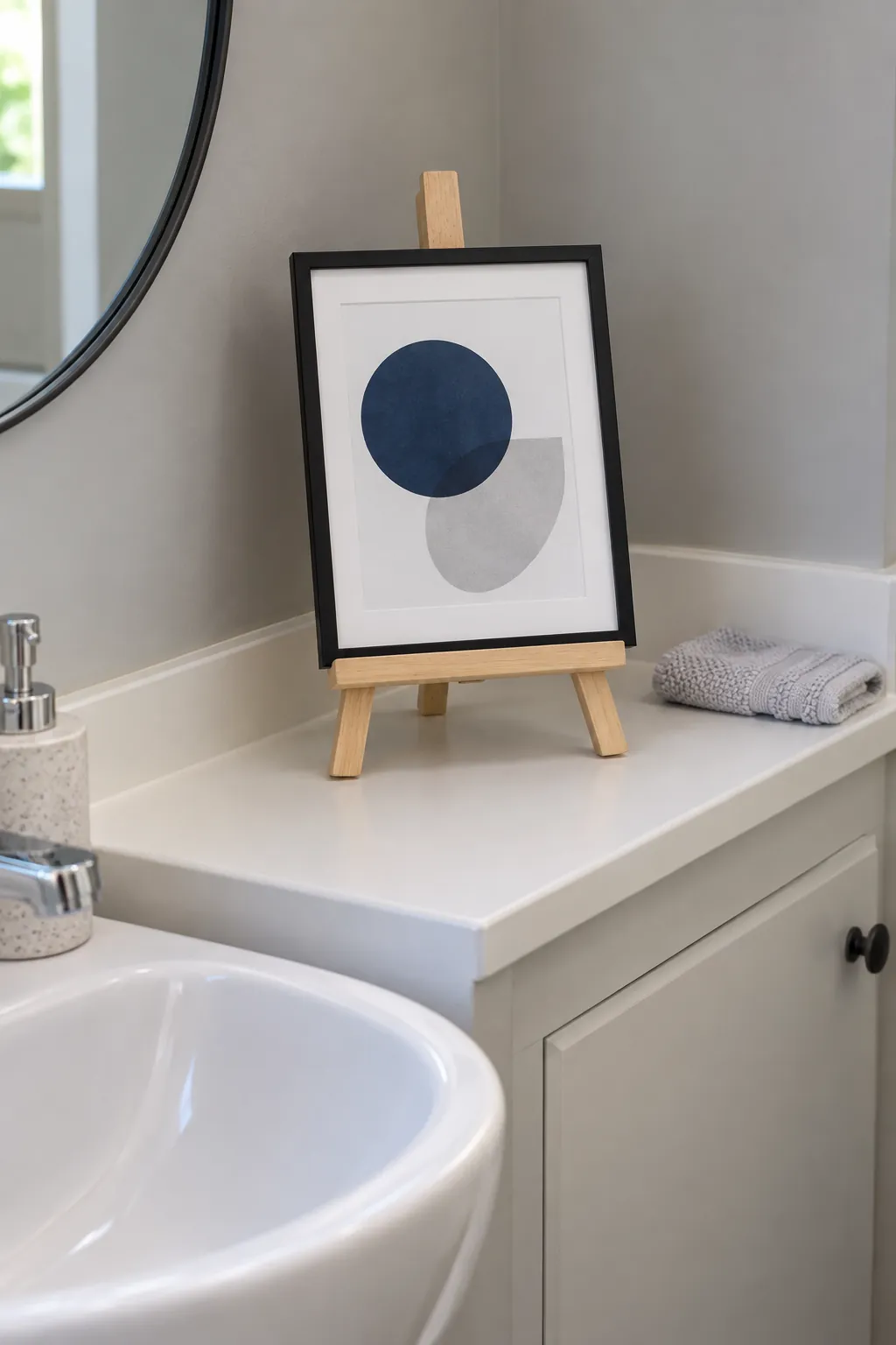 A lightweight abstract print on a stable tabletop easel in a rental powder room