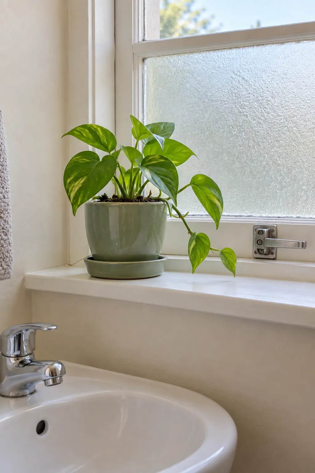 A small plant on an existing bright stable sill in a rental powder room