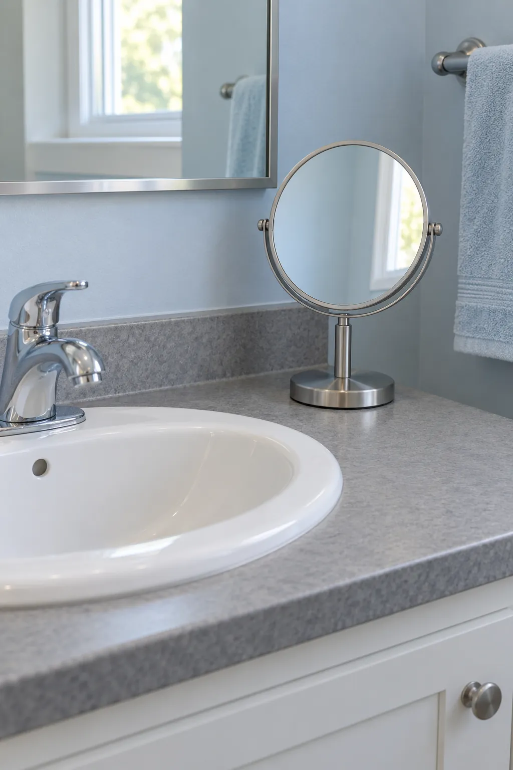 A compact standing mirror with a weighted vanity base in a rental powder room