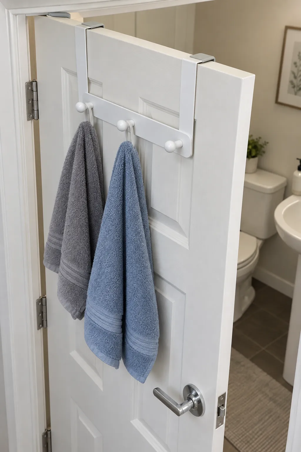 A padded over door unit holding light hand towels in a rental powder room