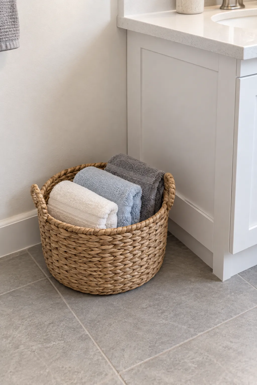 A small dry basket containing a few spare hand towels in a rental powder room