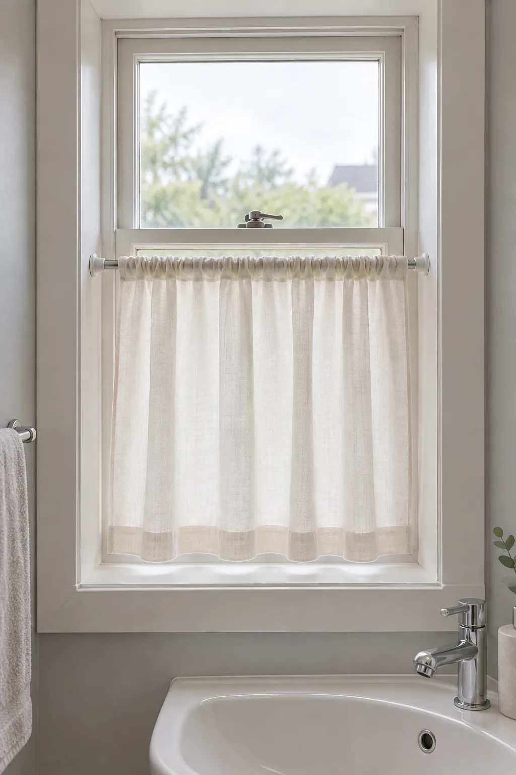 A lightweight privacy curtain inside a suitable window recess in a rental powder room