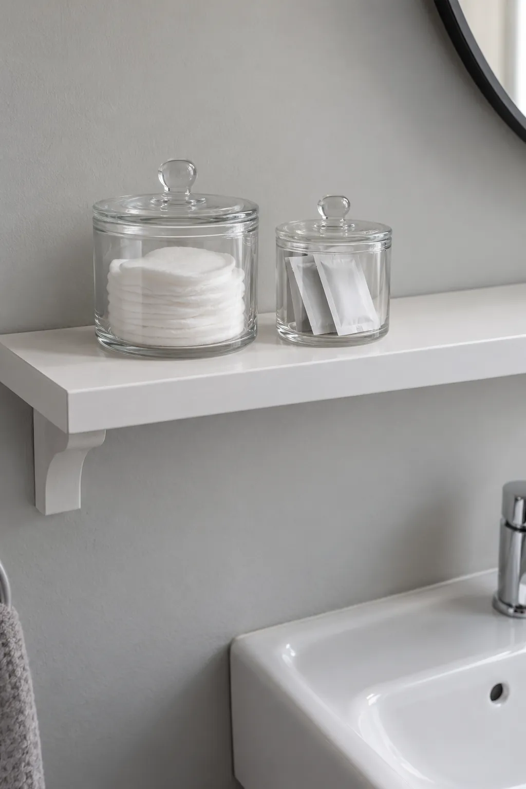Two stable lidded containers on an existing dry shelf in a rental powder room