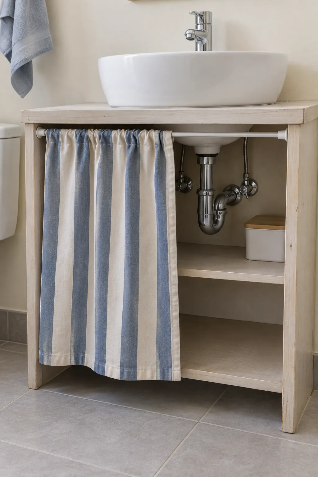 A washable skirt on a suitable open vanity tension rod in a rental powder room