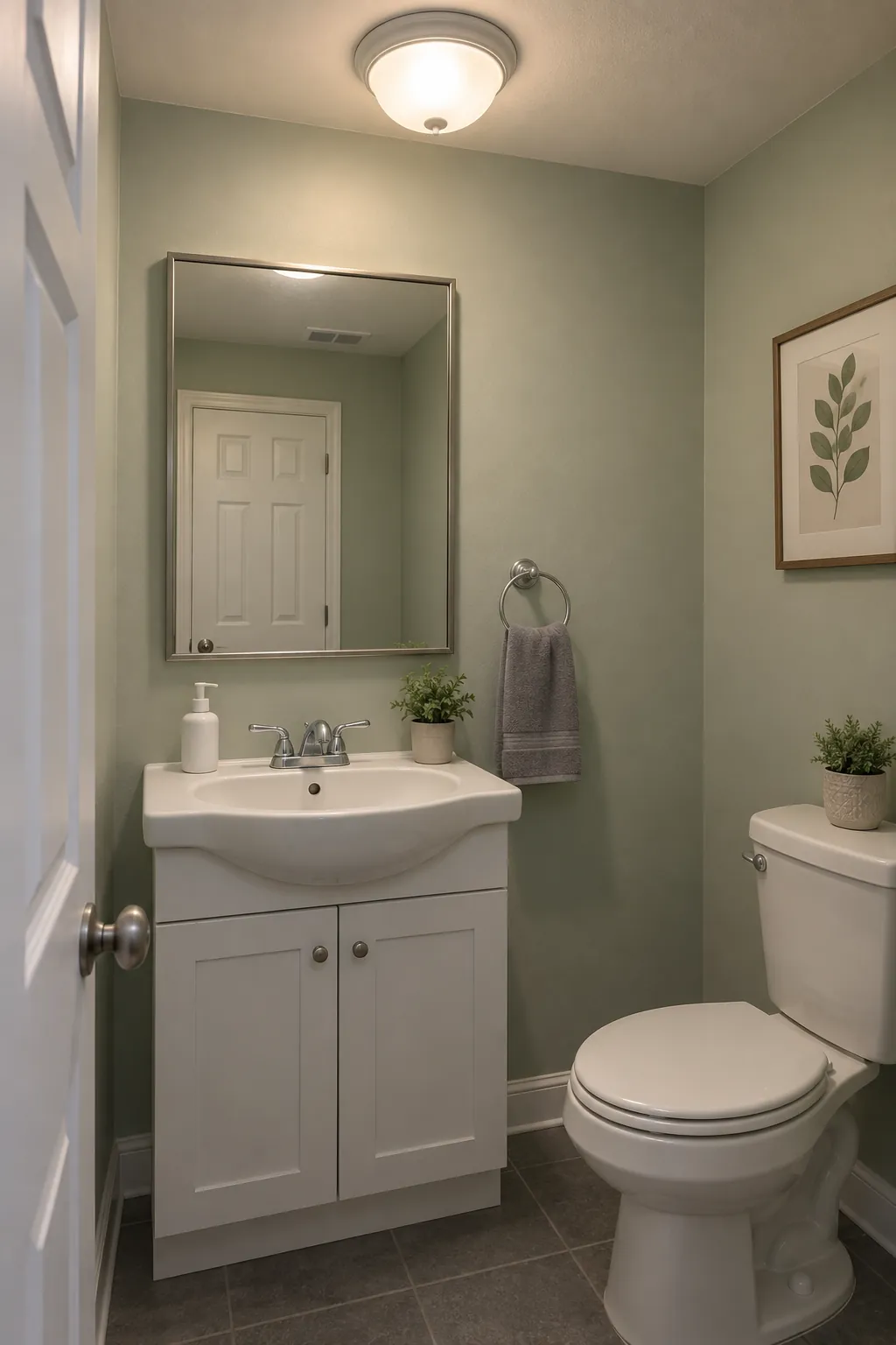 An existing fixture under calm neutral warm white light in a rental powder room
