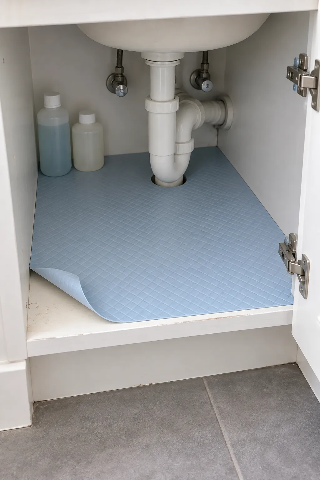 A loose washable liner lying flat inside an existing vanity in a rental powder room