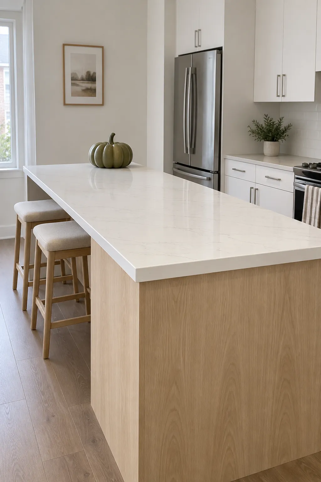 One matte olive pumpkin at the quiet end of a modern kitchen island with open work space