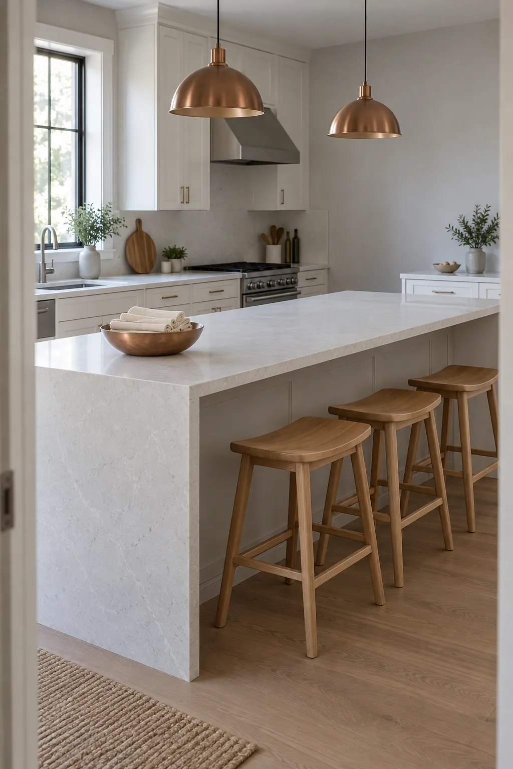 Modern kitchen island with a low copper napkin bowl and clear preparation space