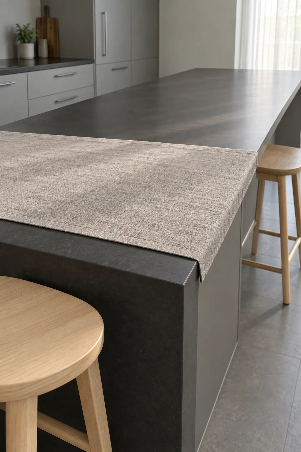 A short taupe linen strip across the seating end of a long modern kitchen island