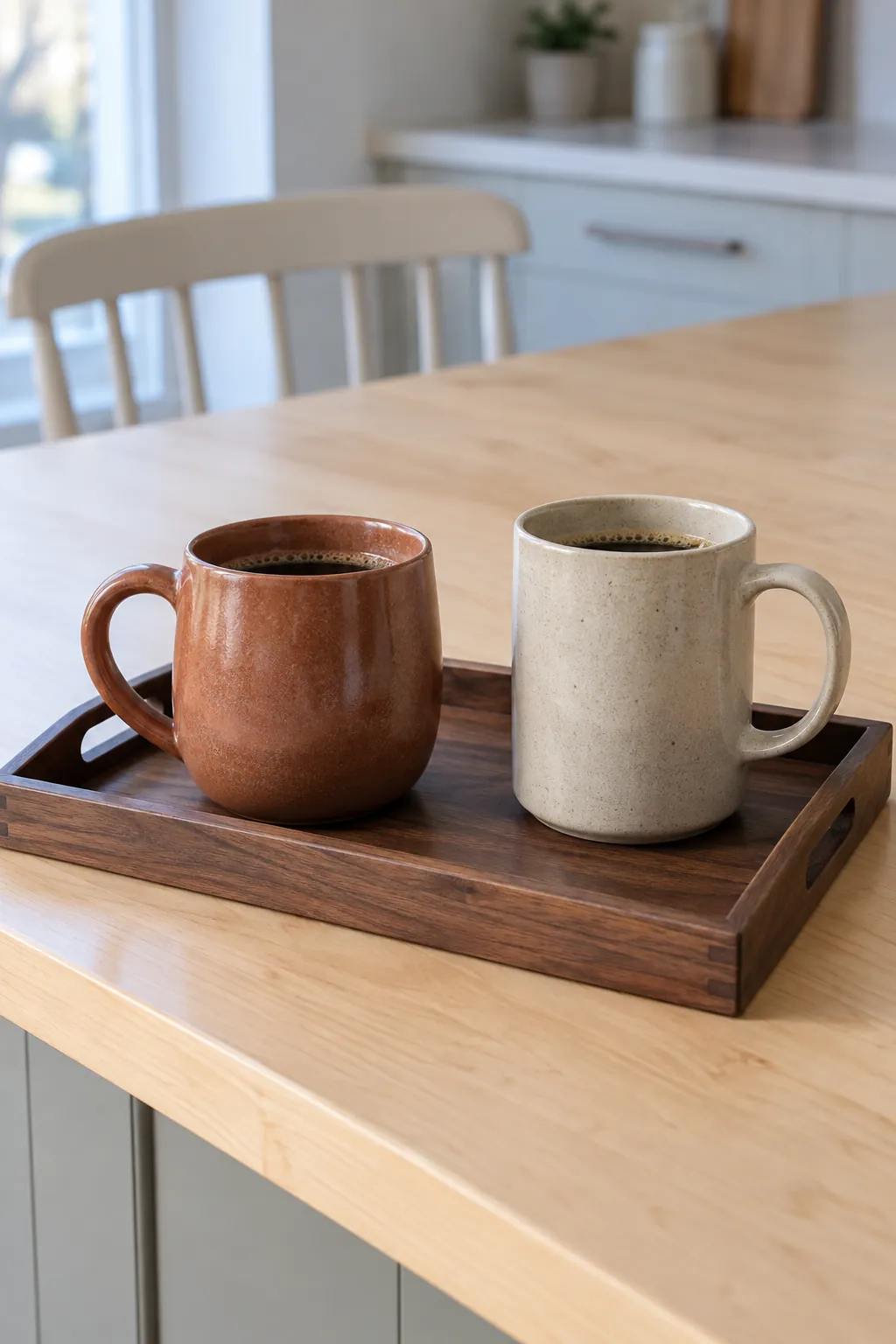 Two plain clay and oatmeal mugs on a small wooden tray at a modern breakfast island
